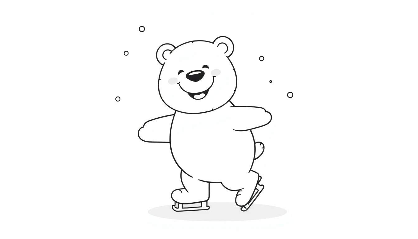 A cute cartoon polar bear on a color panel ice skating with snowflakes.