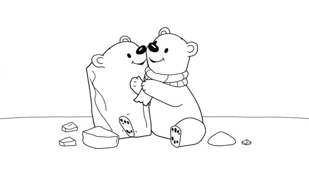 A friendly polar bear cub wearing a scarf plays with a giant ice cube, a fun color panel for kids.