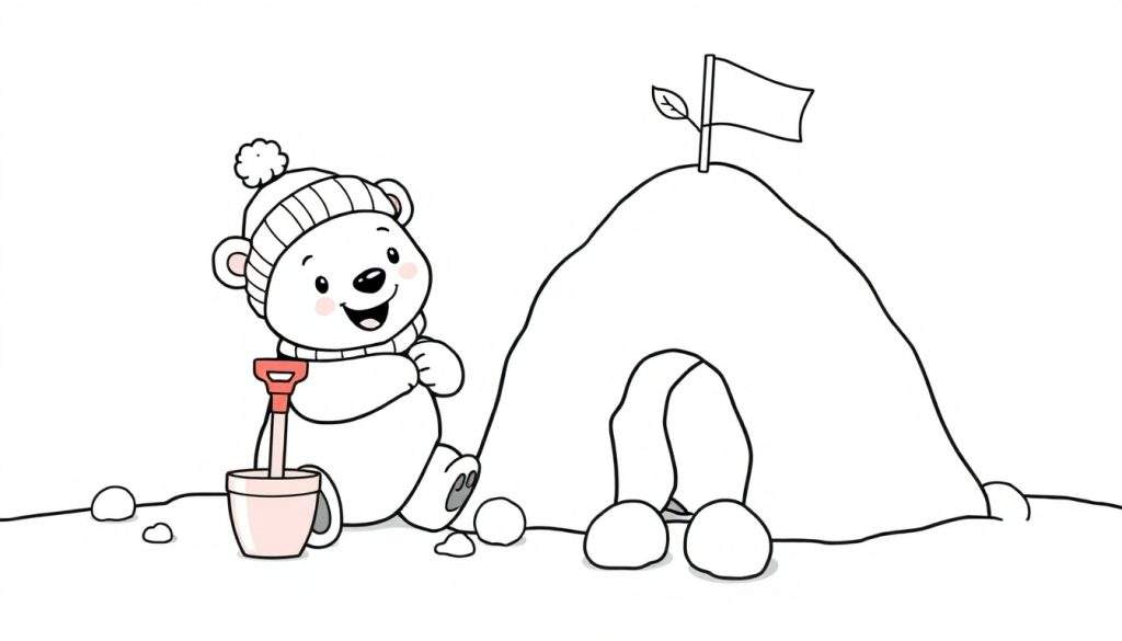 A friendly polar bear cub in a black and white color panel, happily building with a red shovel and pink bucket next to a snow igloo.