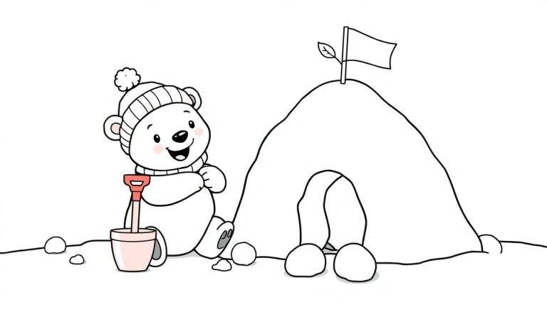 A friendly polar bear cub in a black and white color panel, happily building with a red shovel and pink bucket next to a snow igloo.