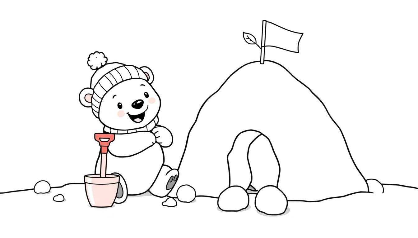 A friendly polar bear cub in a black and white color panel, happily building with a red shovel and pink bucket next to a snow igloo.
