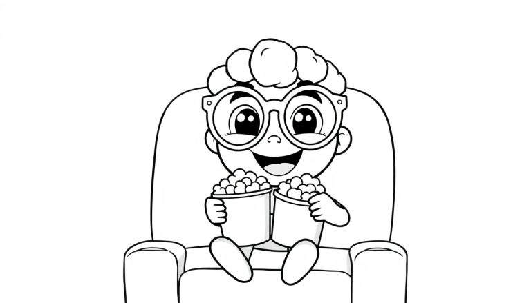 A black and white color panel of a happy child with curly hair and round glasses sitting in a comfy armchair, holding two overflowing bowls of popcorn.
