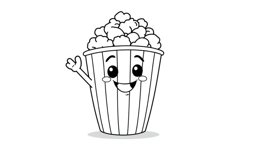 A friendly cartoon popcorn bucket character waving, with a striped pattern and overflowing popcorn, ready for a black and white movie color panel. 🎬🍿