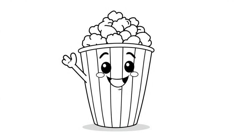 A friendly cartoon popcorn bucket character waving, with a striped pattern and overflowing popcorn, ready for a black and white movie color panel. 🎬🍿