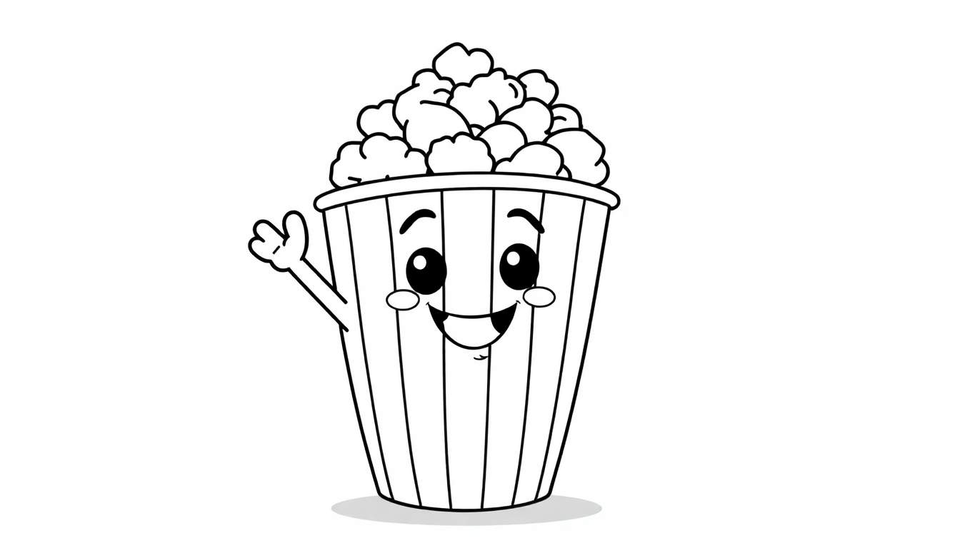 A friendly cartoon popcorn bucket character waving, with a striped pattern and overflowing popcorn, ready for a black and white movie color panel. 🎬🍿