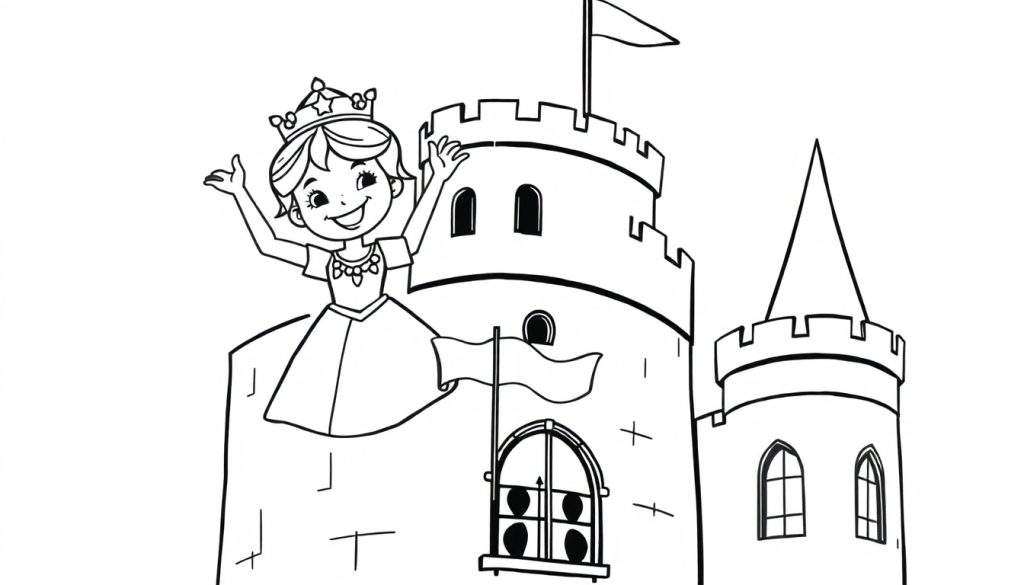 A happy princess waving from her castle tower, a black and white coloring page for kids, color panel.