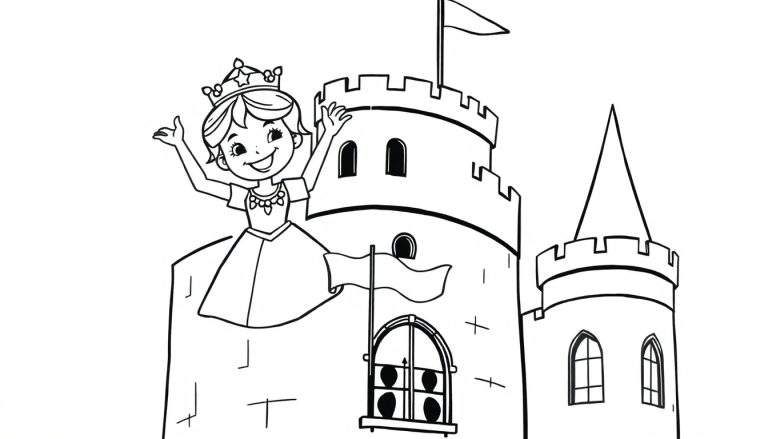 A happy princess waving from her castle tower, a black and white coloring page for kids, color panel.