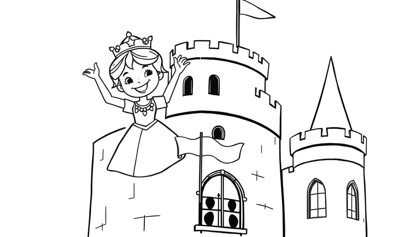 A happy princess waving from her castle tower, a black and white coloring page for kids, color panel.