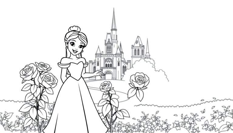 A princess in a garden, ready for coloring, with flowers and a castle in the background, on a color panel.