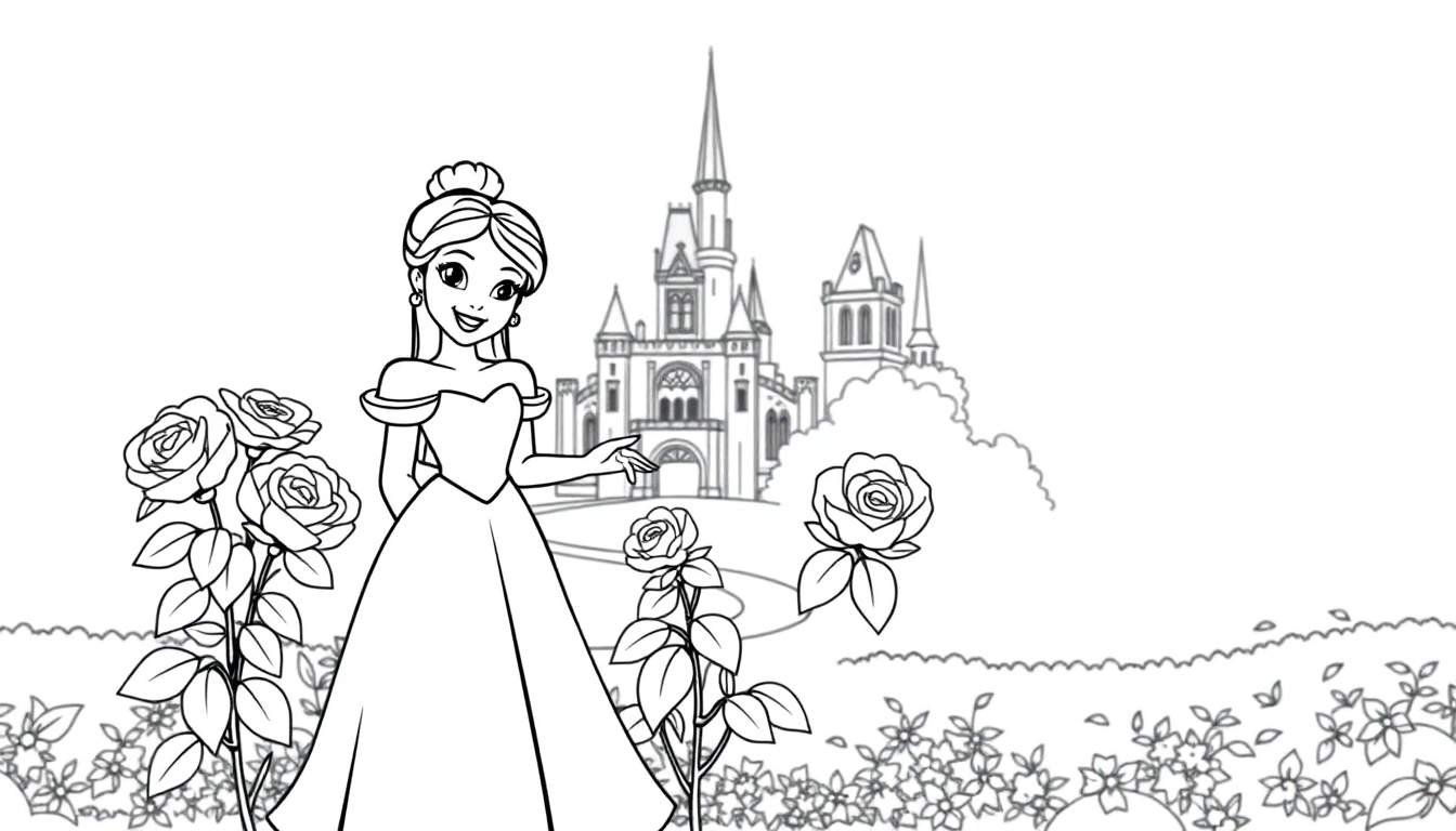 A princess in a garden, ready for coloring, with flowers and a castle in the background, on a color panel.