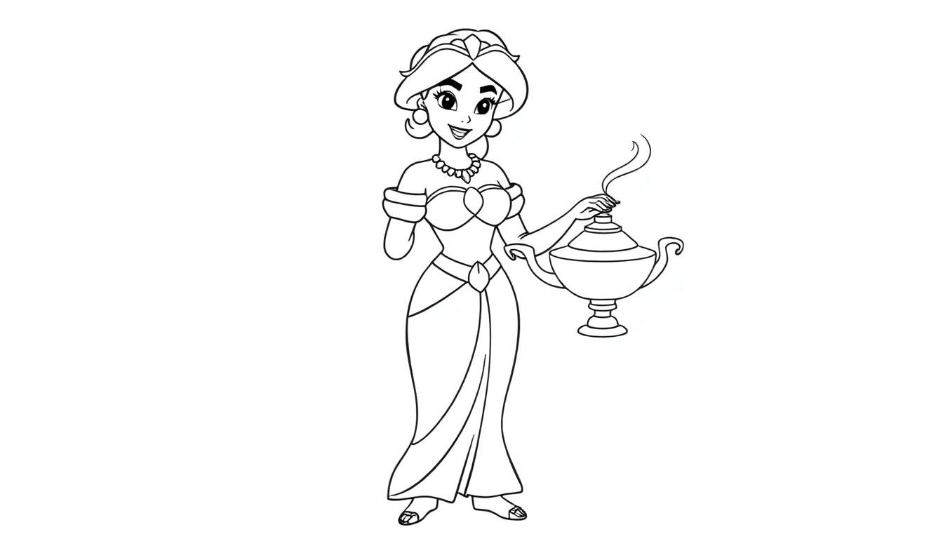 Princess Jasmine from Aladdin in a black and white color panel, holding the magic lamp.