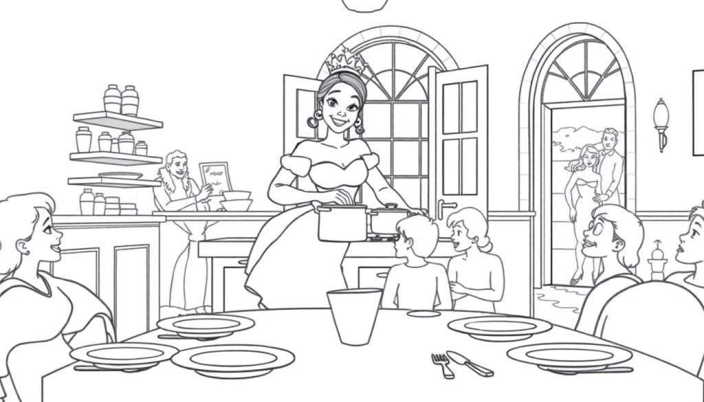 A black and white cartoon color panel of a princess serving food in a dining room.