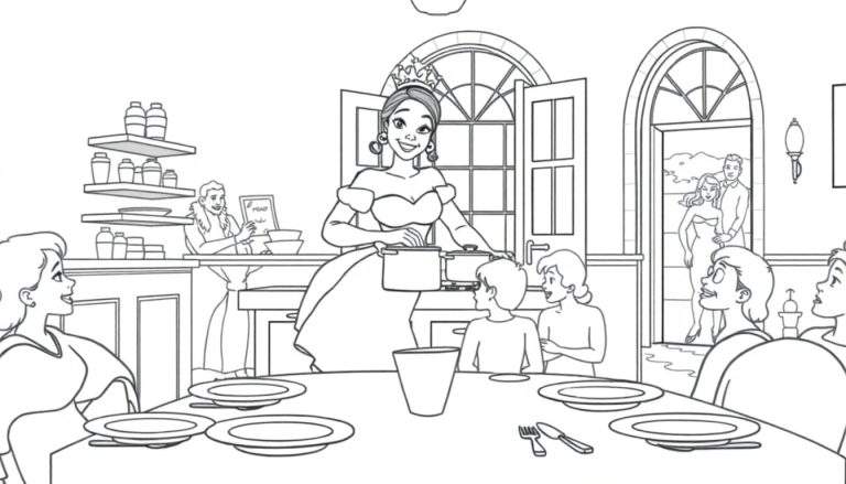 A black and white cartoon color panel of a princess serving food in a dining room.