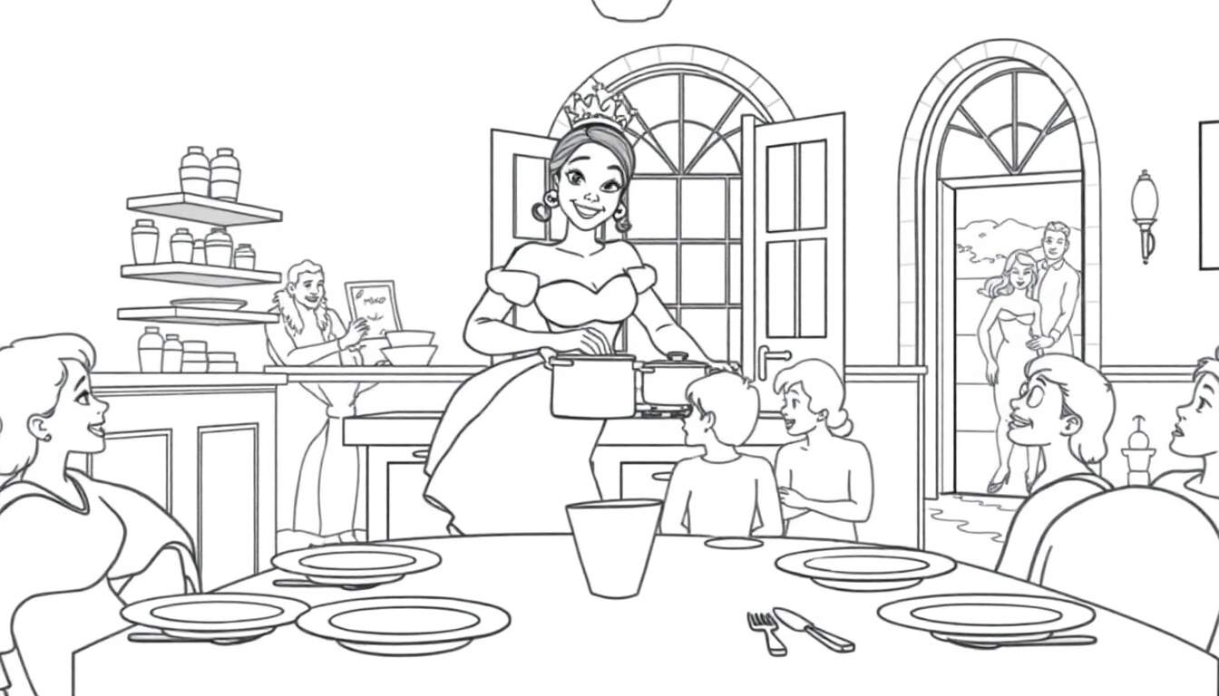 A black and white cartoon color panel of a princess serving food in a dining room.