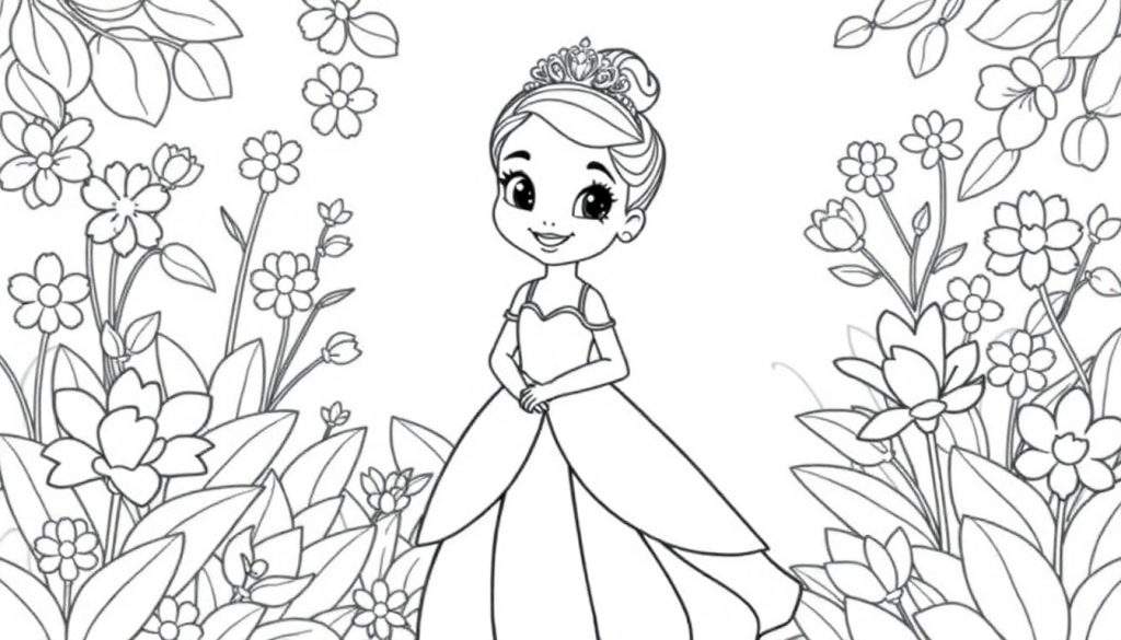Cute Tiana in a princess dress, smiling with clasped hands, surrounded by flowers and leaves. Black and white line art for a color panel.