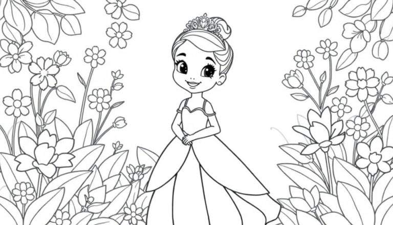 Cute Tiana in a princess dress, smiling with clasped hands, surrounded by flowers and leaves. Black and white line art for a color panel.