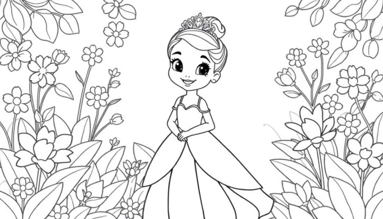 Cute Tiana in a princess dress, smiling with clasped hands, surrounded by flowers and leaves. Black and white line art for a color panel.