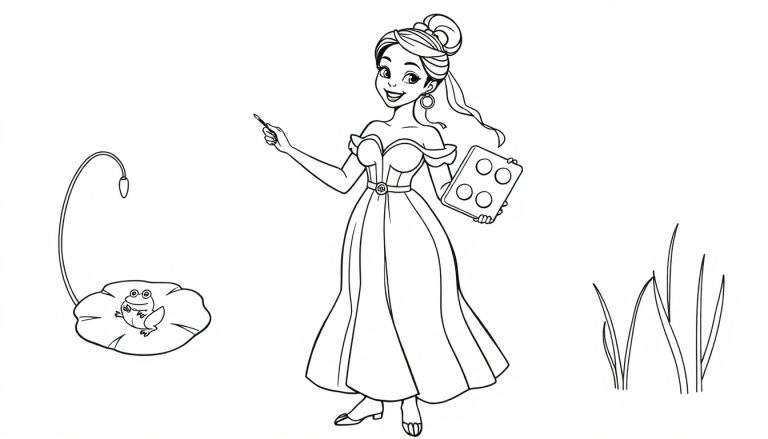 A happy Tiana in her bayou dress, holding a paintbrush and palette, with a frog on a lily pad, ready for a color panel adventure.