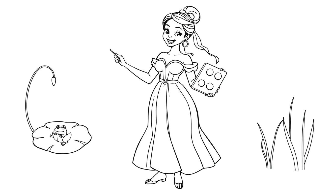 A happy Tiana in her bayou dress, holding a paintbrush and palette, with a frog on a lily pad, ready for a color panel adventure.