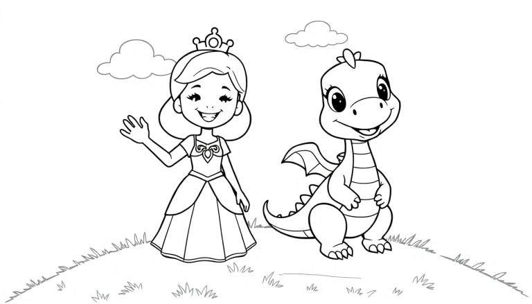 A black and white illustration of a princess and a baby dragon in a grassy field, a fun color panel for kids.