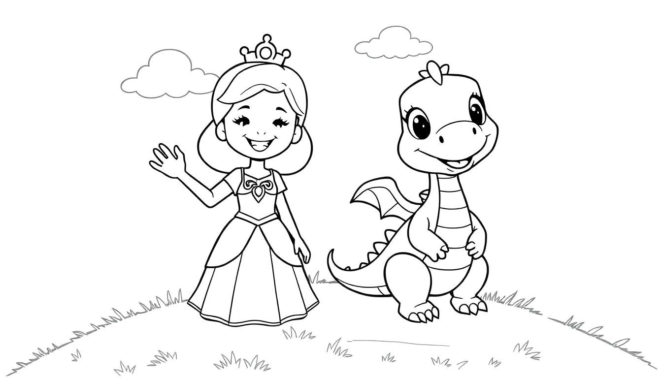 A black and white illustration of a princess and a baby dragon in a grassy field, a fun color panel for kids.