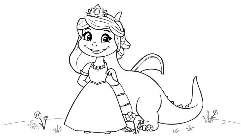 A happy princess and a friendly dragon in a field of flowers, ready for coloring. A great color panel for kids!