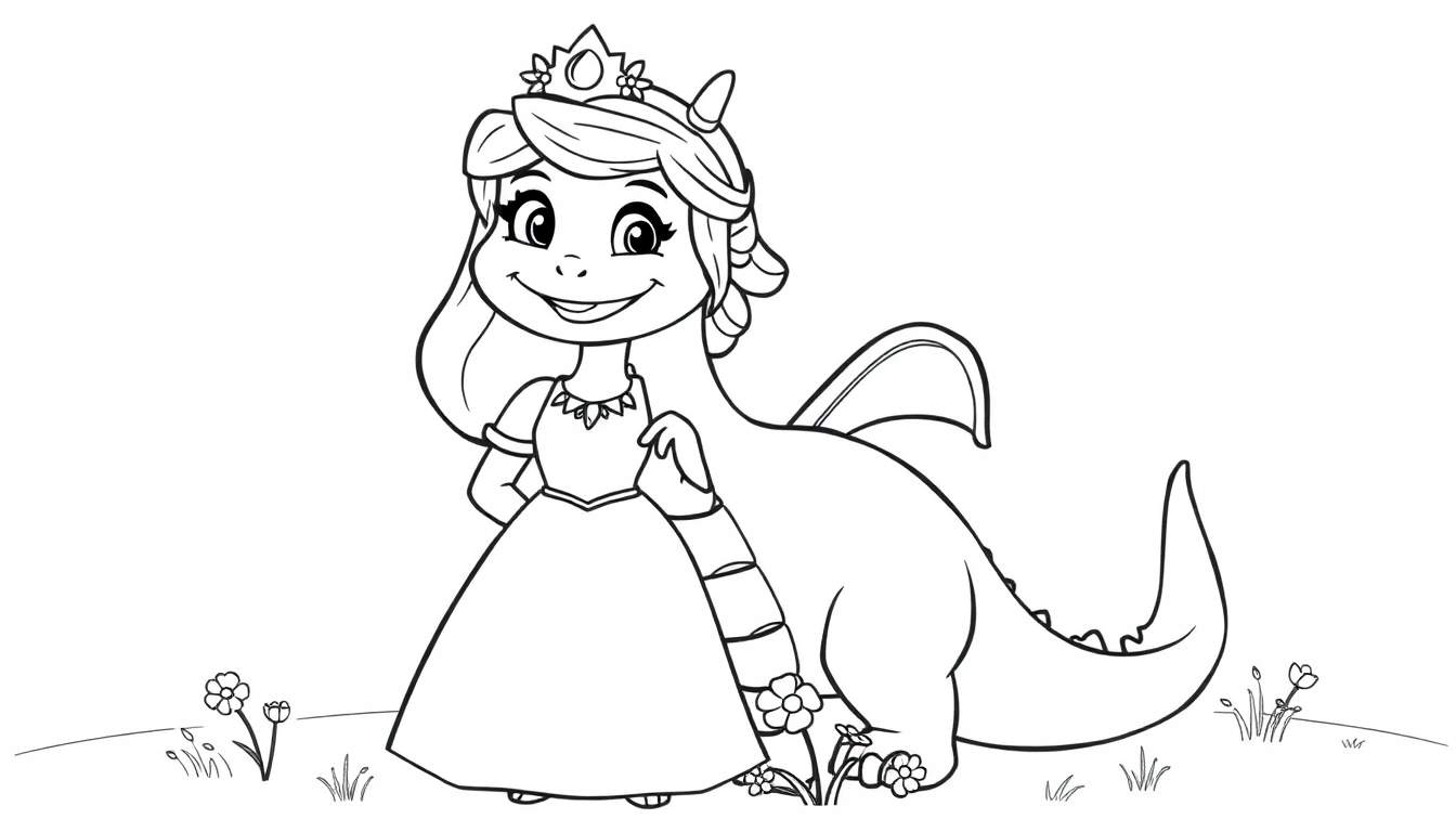 A happy princess and a friendly dragon in a field of flowers, ready for coloring. A great color panel for kids!