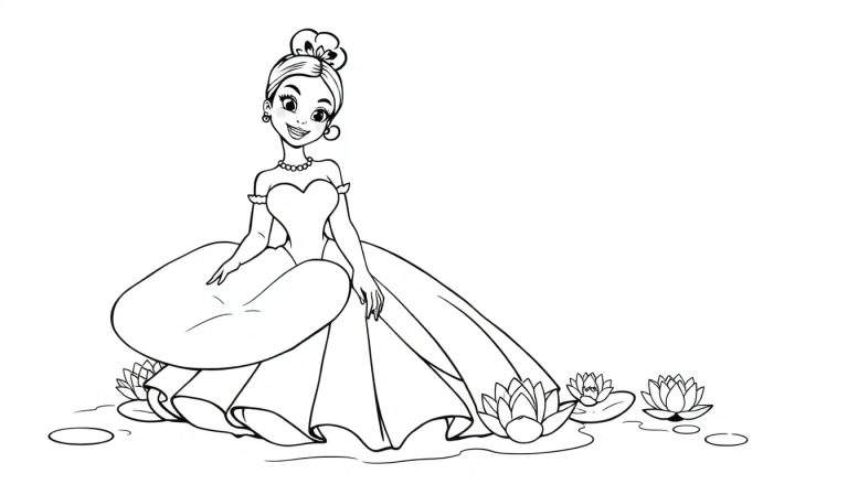 A princess in a black and white color panel drawing smiles while sitting amongst water lilies.