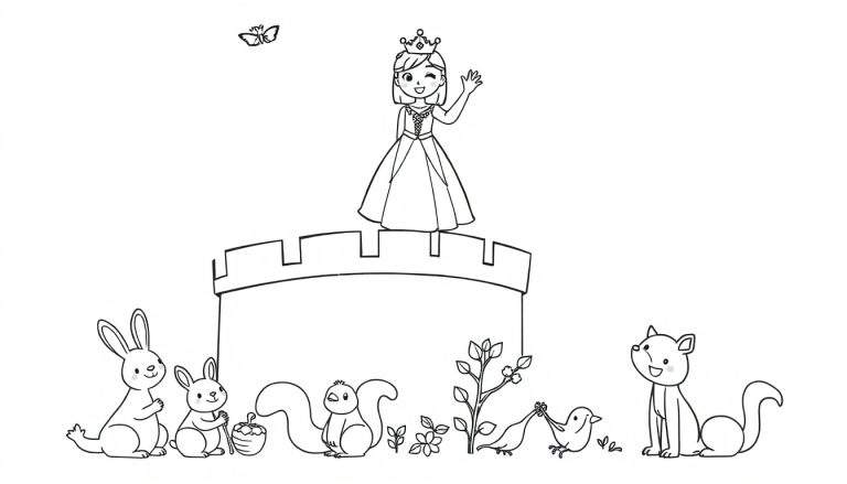 A princess waving from a castle tower, surrounded by animals, a black and white color panel.