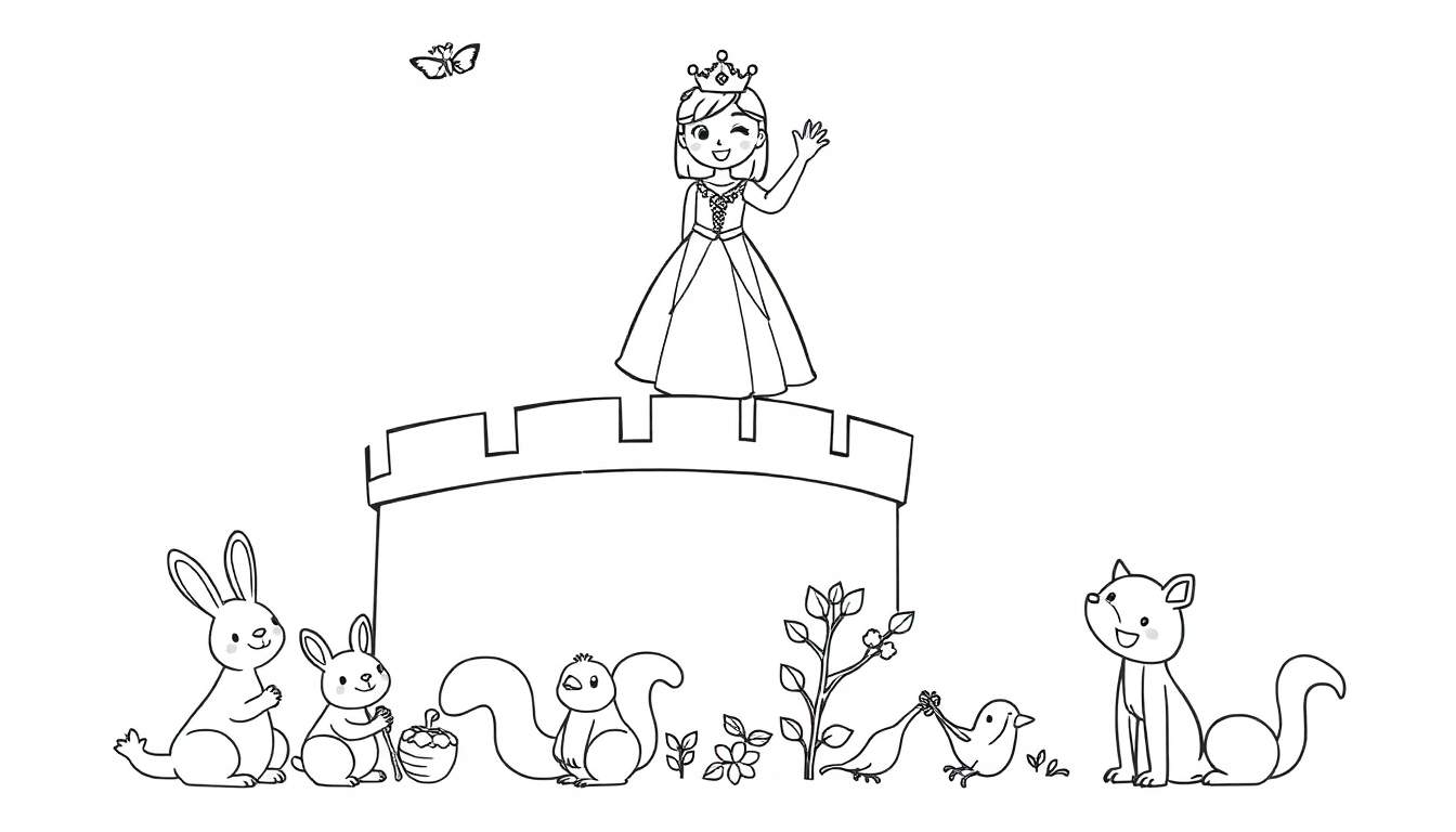 A princess waving from a castle tower, surrounded by animals, a black and white color panel.