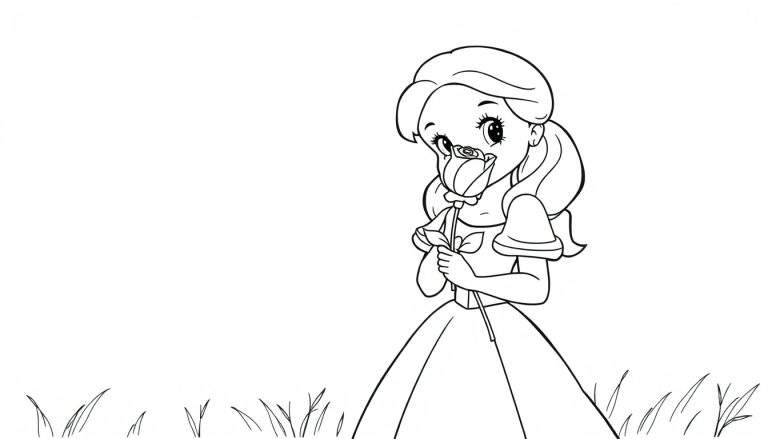 A cute princess in a coloring book style, holding a rose to her nose, in a grassy field. Black and white color panel.