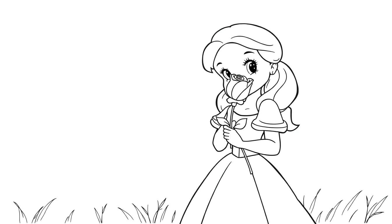 A cute princess in a coloring book style, holding a rose to her nose, in a grassy field. Black and white color panel.