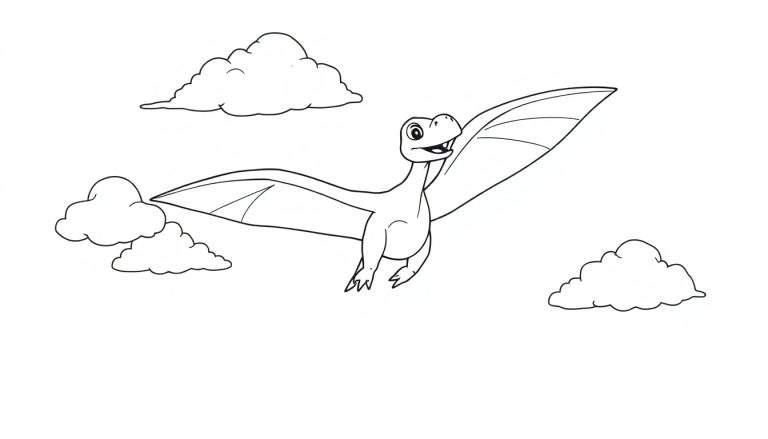 A black and white Pteranodon coloring panel flying through fluffy clouds.