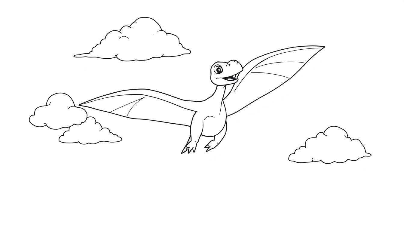 A black and white Pteranodon coloring panel flying through fluffy clouds.