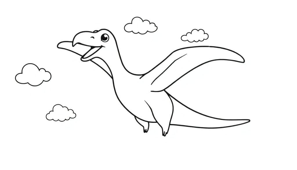A happy cartoon pterodactyl flying in a color panel with clouds, ready for coloring.