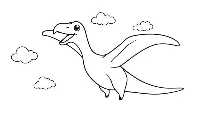 A happy cartoon pterodactyl flying in a color panel with clouds, ready for coloring.
