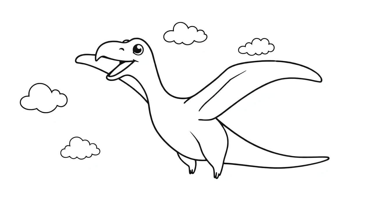 A happy cartoon pterodactyl flying in a color panel with clouds, ready for coloring.