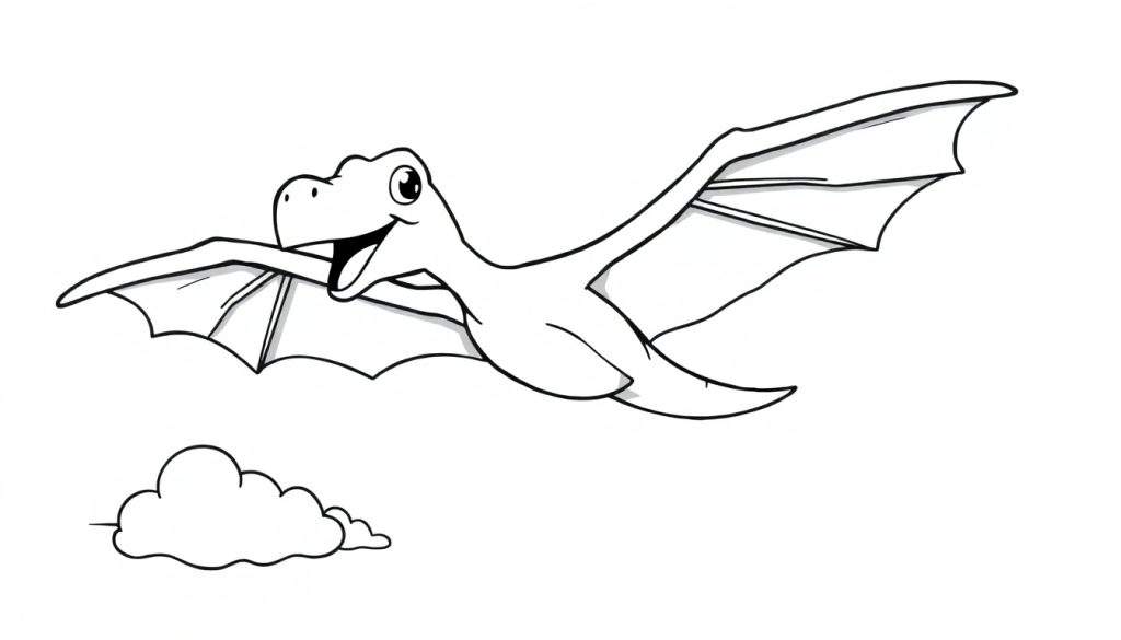 A smiling pterodactyl coloring panel with big, jagged wings flying past a puffy cloud.
