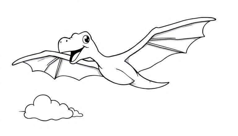 A smiling pterodactyl coloring panel with big, jagged wings flying past a puffy cloud.
