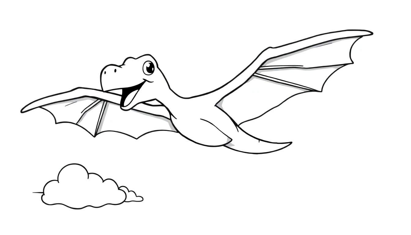 A smiling pterodactyl coloring panel with big, jagged wings flying past a puffy cloud.