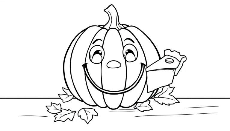 A black and white cartoon color panel of a happy pumpkin next to a slice of pie with whipped cream.