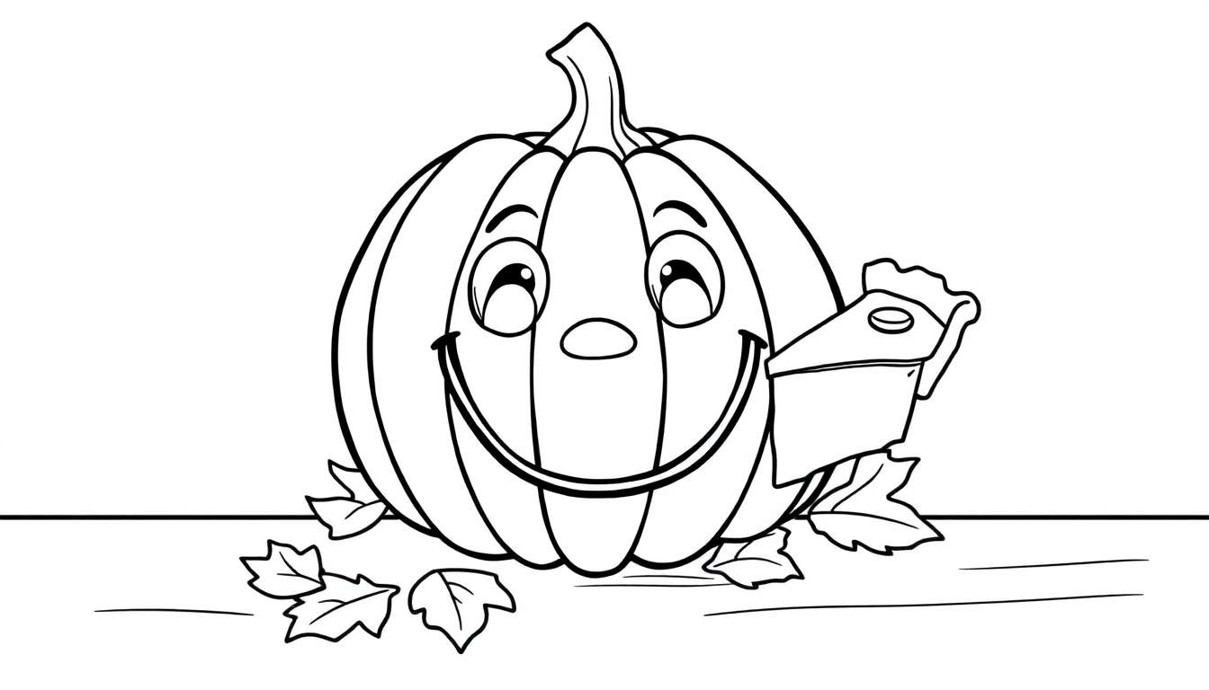 A black and white cartoon color panel of a happy pumpkin next to a slice of pie with whipped cream.