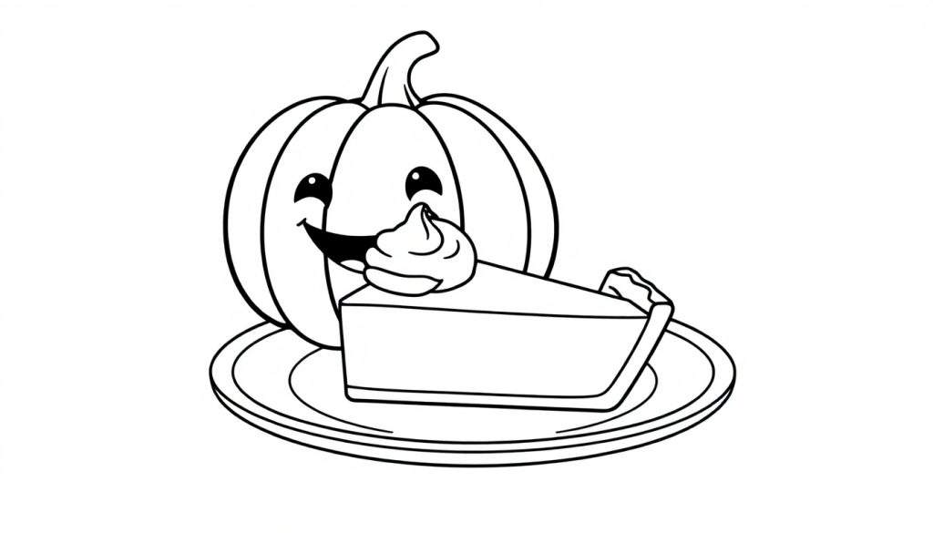 A cheerful pumpkin next to a slice of pumpkin pie on a plate, ready for a color panel.