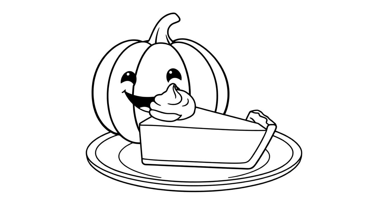 A cheerful pumpkin next to a slice of pumpkin pie on a plate, ready for a color panel.