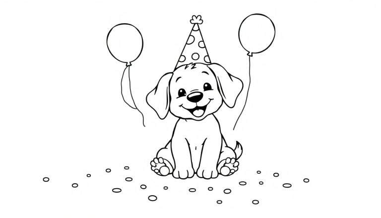 A cute puppy with a polka dot party hat, ready for coloring on this birthday color panel.