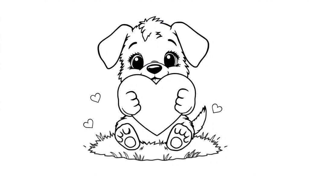 A cute black and white cartoon puppy sitting on grass, holding a heart with its paws. This color panel is perfect for little artists. 🐾❤️