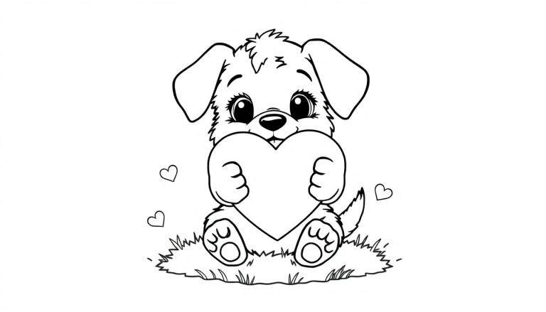 A cute black and white cartoon puppy sitting on grass, holding a heart with its paws. This color panel is perfect for little artists. 🐾❤️
