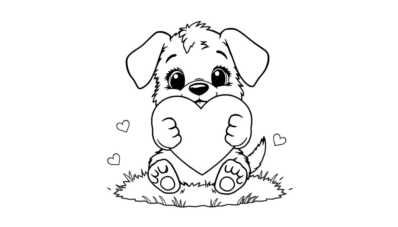 A cute black and white cartoon puppy sitting on grass, holding a heart with its paws. This color panel is perfect for little artists. 🐾❤️