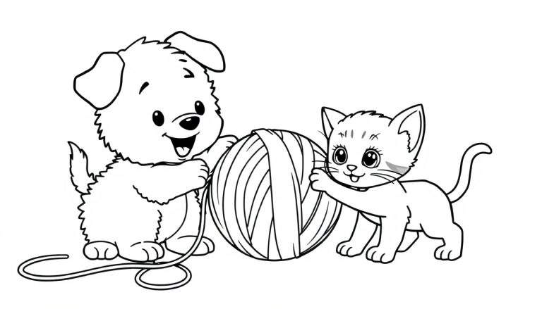 A black and white cartoon of a puppy and kitten playing with a ball of yarn, a fun color panel for kids.