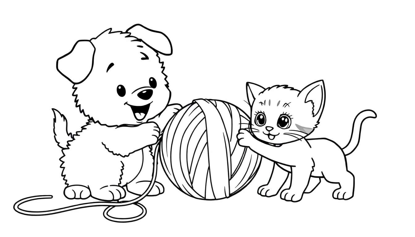 A black and white cartoon of a puppy and kitten playing with a ball of yarn, a fun color panel for kids.